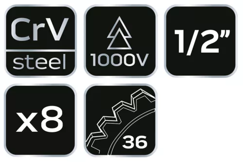 Dugókulcskészlet 1/2", 1000V, szigetelt, 8db