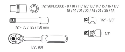Dugókulcskészlet 1/2", 90 fogas racsni, 23db
