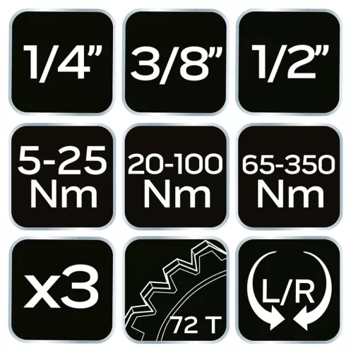 Nyomatékkulcs készlet 1/4"(5-23 nm), 3/8"(20-120 nm), 1/2"(60-330 nm), 3db
