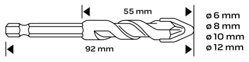 Univerzális keményfémlapkás fúrókészlet, 1/4" hatszög szárral, 6,8,10,12mm, 4db