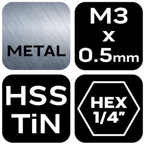 Gépi menetfúró, 2az1-ben előfúró éllel, HSS-Titán, M3x0.5mm, hatszög szárral
