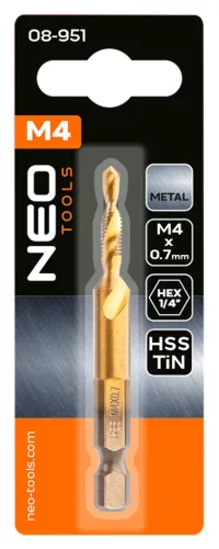 Gépi menetfúró, 2az1-ben előfúró éllel, HSS-Titán, M4x0.7mm, hatszög szárral