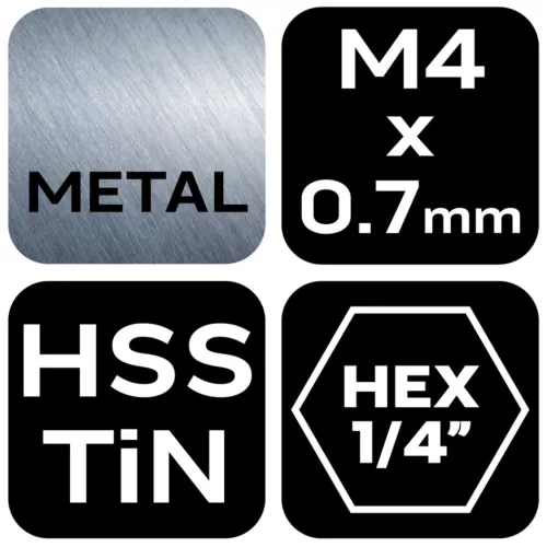Gépi menetfúró, 2az1-ben előfúró éllel, HSS-Titán, M4x0.7mm, hatszög szárral