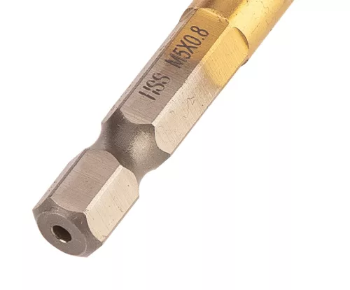 Gépi menetfúró, 2az1-ben előfúró éllel, HSS-Titán, M5x0.8mm, hatszög szárral