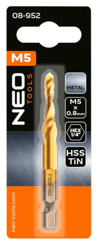 Gépi menetfúró, 2az1-ben előfúró éllel, HSS-Titán, M5x0.8mm, hatszög szárral