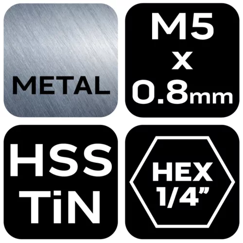 Gépi menetfúró, 2az1-ben előfúró éllel, HSS-Titán, M5x0.8mm, hatszög szárral