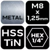 Gépi menetfúró, 2az1-ben előfúró éllel, HSS-Titán, M8x1.25mm, hatszög szárral