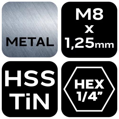 Gépi menetfúró, 2az1-ben előfúró éllel, HSS-Titán, M8x1.25mm, hatszög szárral