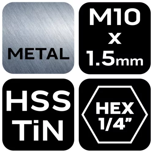 Gépi menetfúró, 2az1-ben előfúró éllel, HSS-Titán, M10x1.5mm, hatszög szárral