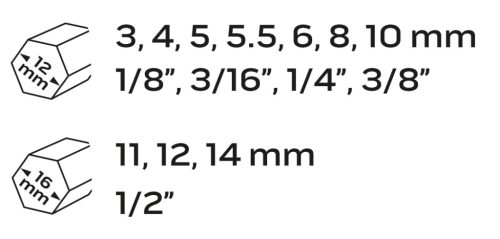 Törtcsavar-kihajtó készlet, 1/2", 3-14mm, M6-M24, 15db