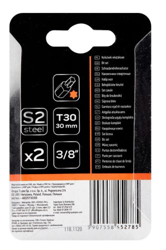 Torx bit, 3/8", T30x30mm, S2, 2db, min. rendelés: 5cs