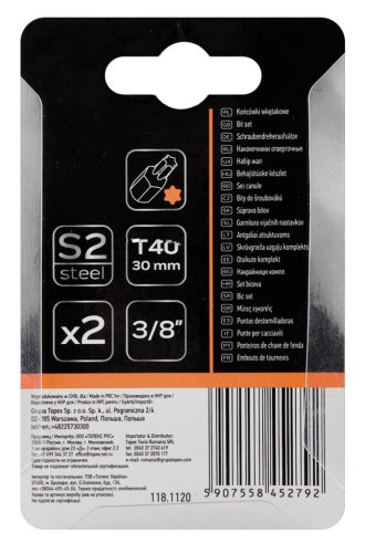 Torx bit, 3/8", T40x30mm, S2, 2db, min. rendelés: 5cs