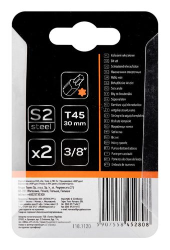 Torx bit, 3/8", T45x30mm, S2, 2db, min. rendelés: 5cs