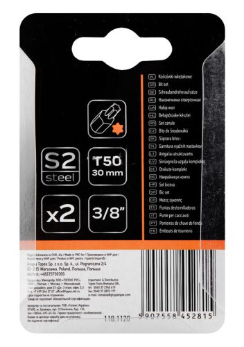 Torx bit, 3/8", T50x30mm, S2, 2db, min. rendelés: 5cs