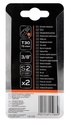 Torx bit, 3/8", T30x75mm, S2, 2db, min. rendelés: 3cs