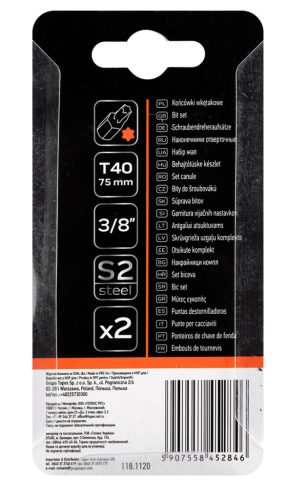 Torx bit, 3/8", T40x75mm, S2, 2db, min. rendelés: 3cs