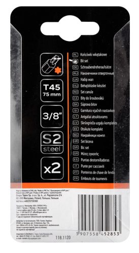 Torx bit, 3/8", T45x75mm, S2, 2db, min. rendelés: 3cs