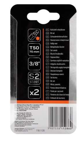 Torx bit, 3/8", T50x75mm, S2, 2db, min. rendelés: 3cs