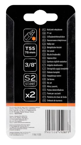 Torx bit, 3/8", T55x75mm, S2, 2db, min. rendelés: 3cs