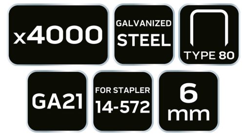 Tűzőkapocs, horganyzott, TYP80, pneumatikus tűzőgéphez 14-572-höz, GA21, 6mm, 4000db