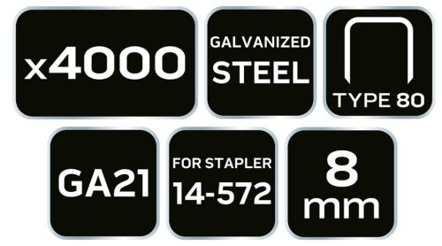 Tűzőkapocs, horganyzott, TYP80, pneumatikus tűzőgéphez 14-572-höz, GA21, 8mm, 4000db