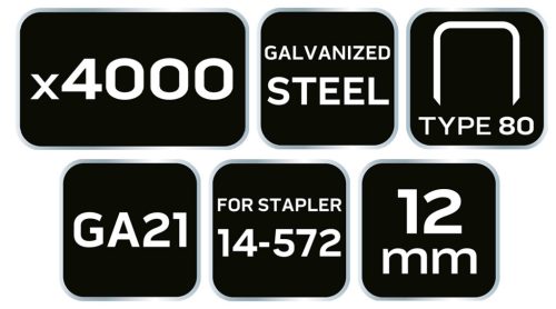Tűzőkapocs, horganyzott, TYP80, pneumatikus tűzőgéphez 14-572-höz, GA21, 12mm, 4000db