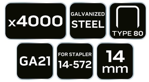 Tűzőkapocs, horganyzott, TYP80, pneumatikus tűzőgéphez 14-572-höz, GA21, 14mm, 4000db