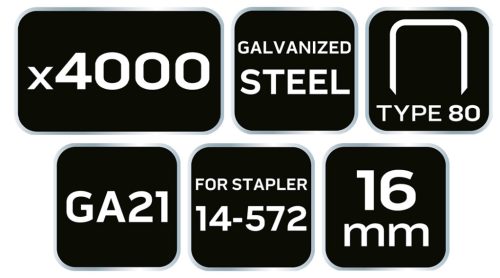 Tűzőkapocs, horganyzott, TYP80, pneumatikus tűzőgéphez 14-572-höz, GA21, 16mm, 4000db