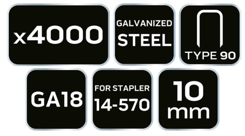 Tűzőkapocs, horganyzott, TYP90, pneumatikus tűzőgéphez 14-570-hez, GA18, 10mm, 4000db