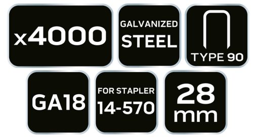 Tűzőkapocs, horganyzott, TYP90, pneumatikus tűzőgéphez 14-570-hez, GA18, 28mm, 4000db