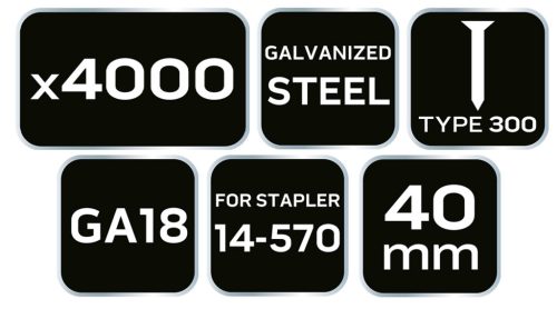 Tűzőszeg, horganyzott, TYP 300F, pneumatikus tűzőgéphez 14-570-hez, GA18, 40mm, 4000db