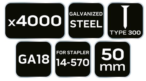 Tűzőszeg, horganyzott, TYP 300F, pneumatikus tűzőgéphez 14-570-hez, GA18, 50mm, 4000db