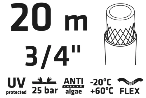 Locsolótömlő 3/4", 20m,  Professional, csomózódás, csavarodás védelem, UV álló, algásodás védelem