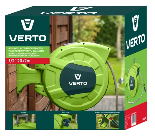 Autómata tömlődob, 20m locsolótömlő + 2m csatlakozó tömlő, 10bar, pp ház, PVC tömlő, falra szerelhető