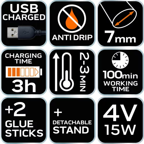 Akkus ragasztópisztoly 8mm, 4V, USB tápegység