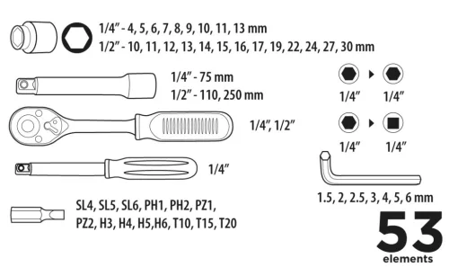 Dugókulcskészlet + bitkészlet 1/4", 1/2" 53db