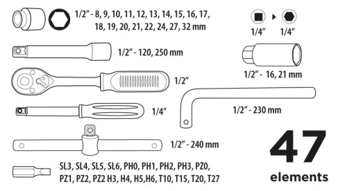 Dugókulcskészlet 1/4", 1/2", 47db