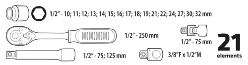 Dugókulcskészlet 1/2", 21db
