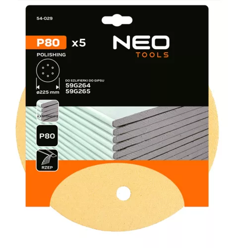 Csiszolókorong tépőzáras 225mm, K80, 6 lyukas, 59G264, 59G265 csiszológéphez, 5db