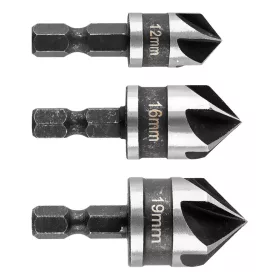   Süllyesztőfúró készlet, csavarfejekhez, 1/4" hatszög szár, 12, 16, 19mm, 3db