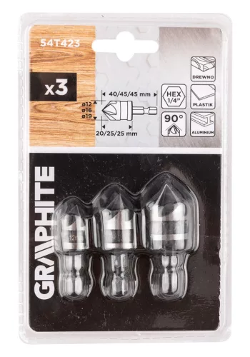 Süllyesztőfúró készlet, csavarfejekhez, 1/4" hatszög szár, 12, 16, 19mm, 3db