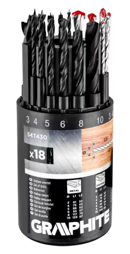 Fúrókészlet, fém, fa, kőzefúrókkal, hengeres szár, 3,4,5,6,8,10mm méretek, 18db