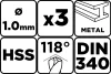 Csigafúró HSS, hosszú, DIN340, 1mm, 3db, min. rendelés: 3cs