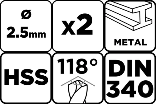 Csigafúró HSS, hosszú, DIN340, 2.5mm, 2db, min. rendelés: 3cs