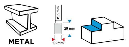 Keményfém marófej, turbómaró, B, hengeres, frontélezéssel, 16x25mm, szár méret 6x45mm