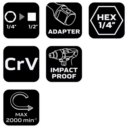 Adapter csavarbehajtókhoz 1/4" hatlapú-1/2" négyszög, min. rendelés: 4db