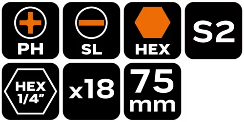 Csavarhúzó bitkészlet, 18db, bitek 75mm-18db