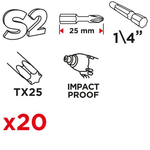 Torziós ütvecsavarozó bit Torx 25x25mm, 20db
