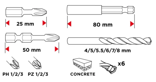 Fúró-csavarbehajtó készlet, 20db