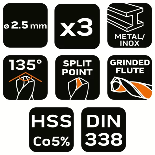 Csigafúró HSS-Cobalt 5% 2.5mm, 3db